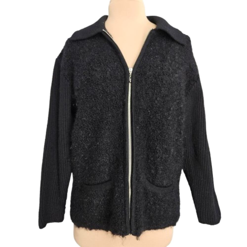 NYBASED Wool Mohair Black Jacket Womens Medium Pockets Ribbed Knit Back Full Zip